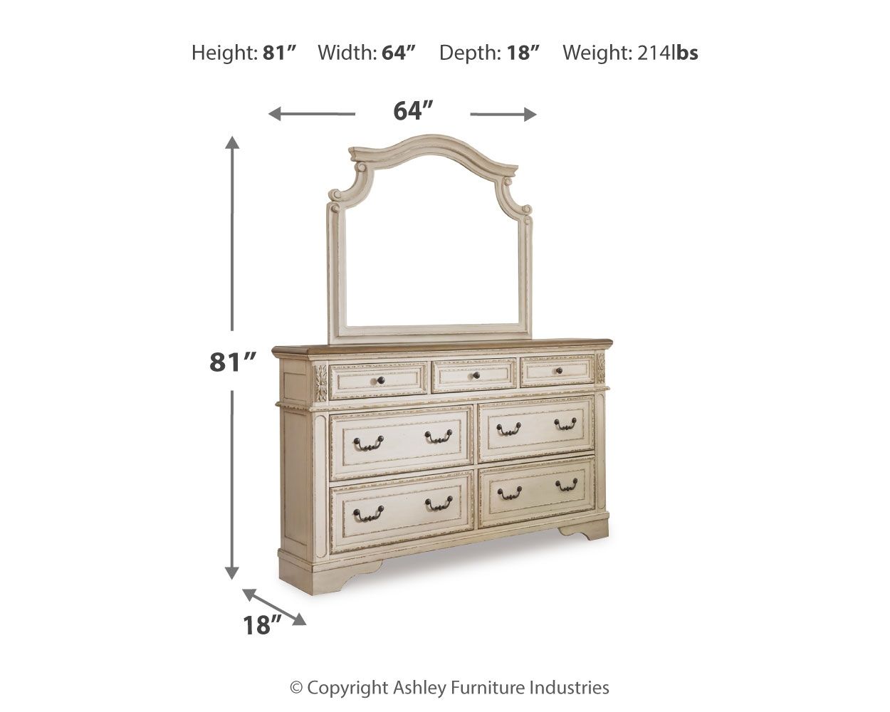 White dresser with mirror and six drawers, dimensions shown: 81 in H x 64 in W.