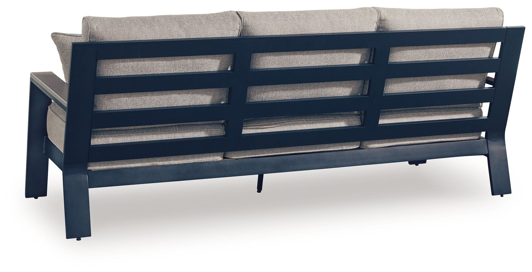 Outdoor sofa back view with dark blue frame and light gray cushion panels