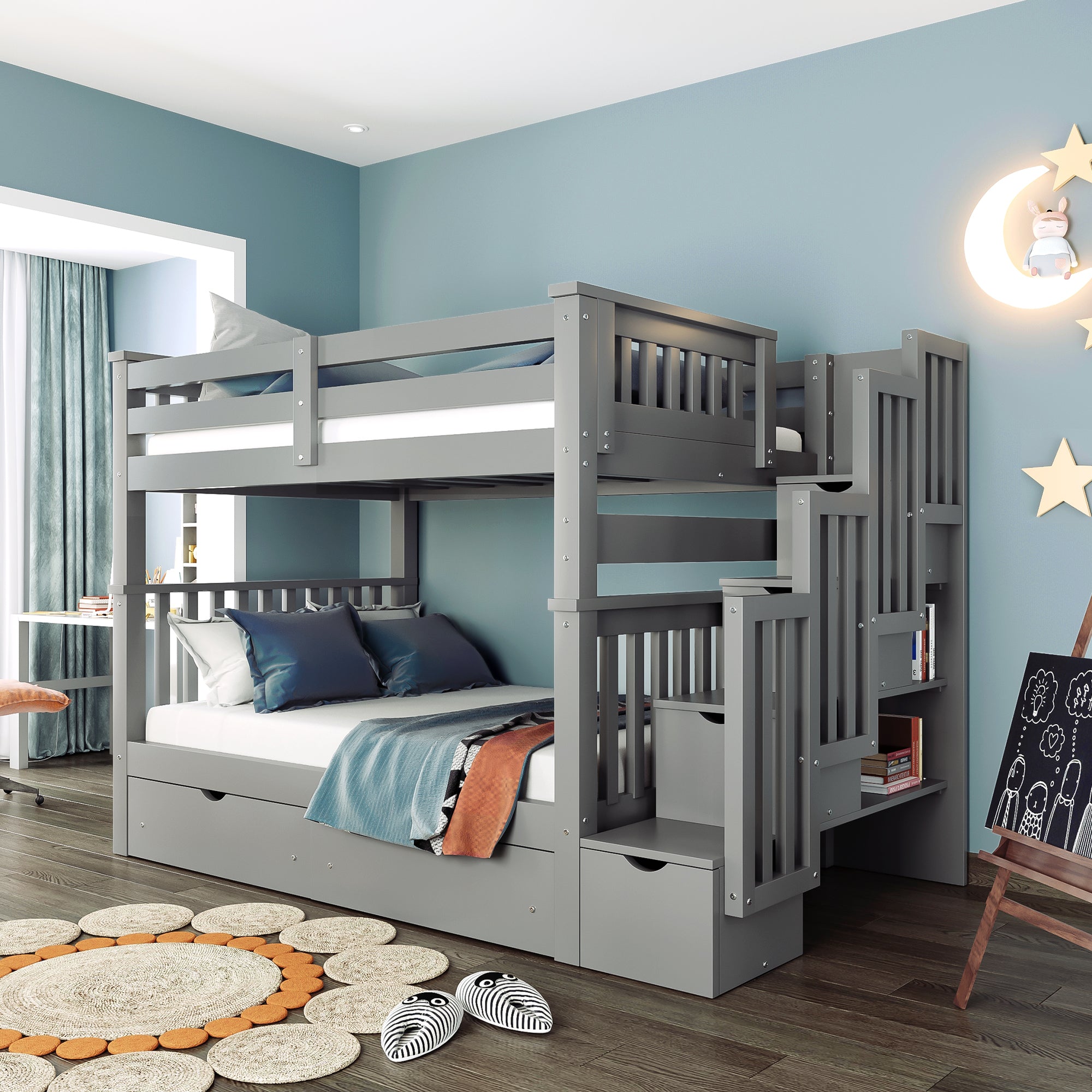 Gray Full Over Full Bunk Bed w/ Shelves & 6 Storage Drawers