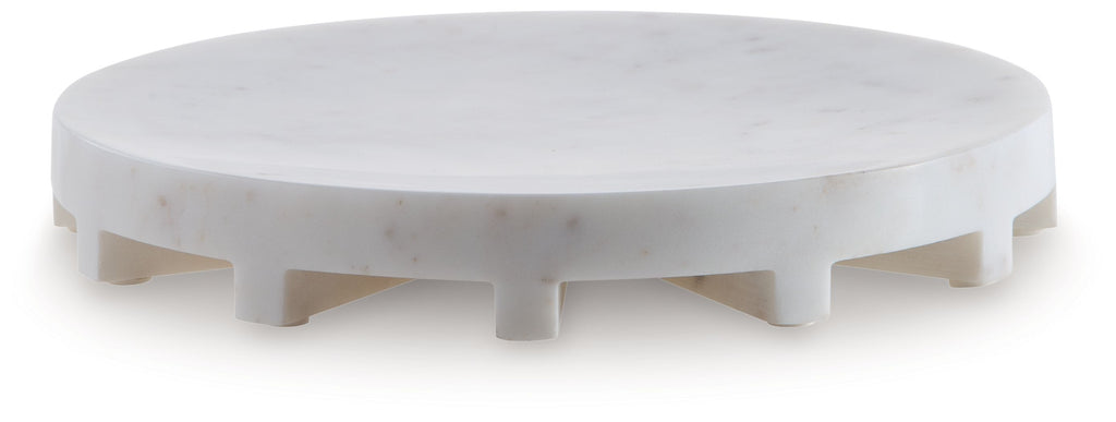 Round white serving tray with low feet