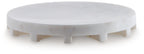 Round white serving tray with low feet