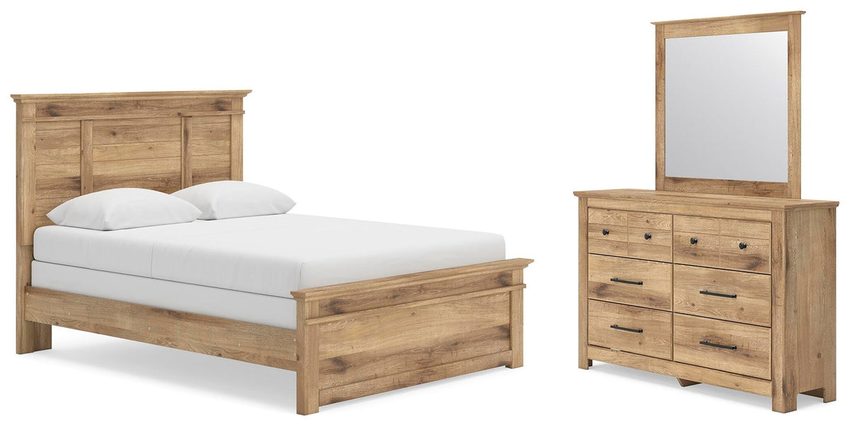 Panel bed with matching dresser and mirror set in warm light brown wood