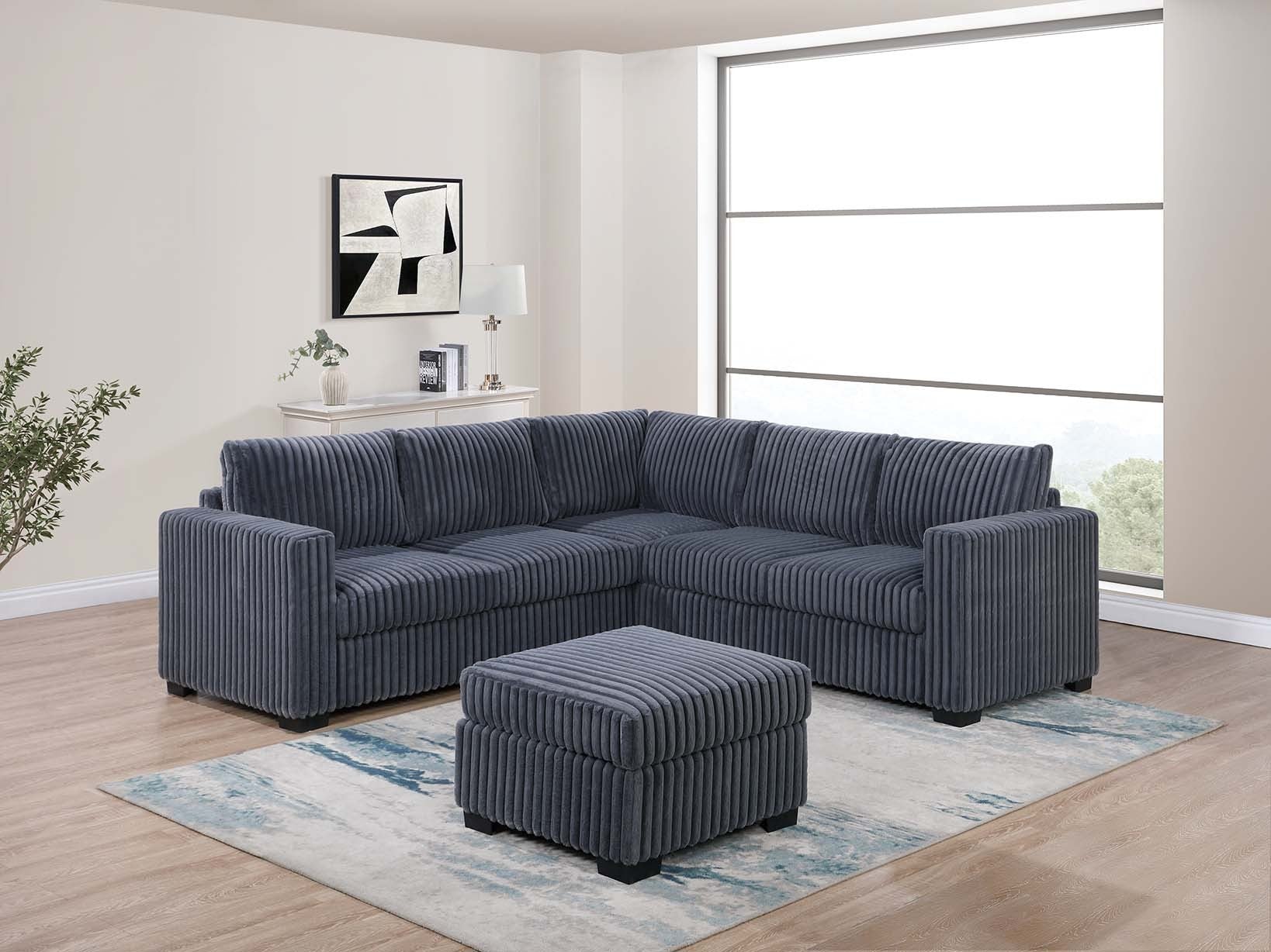 4-PC Dark Gray Corduroy Sectional Sofa Set with Ottoman
