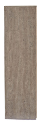 Gray side panel of a five-drawer chest