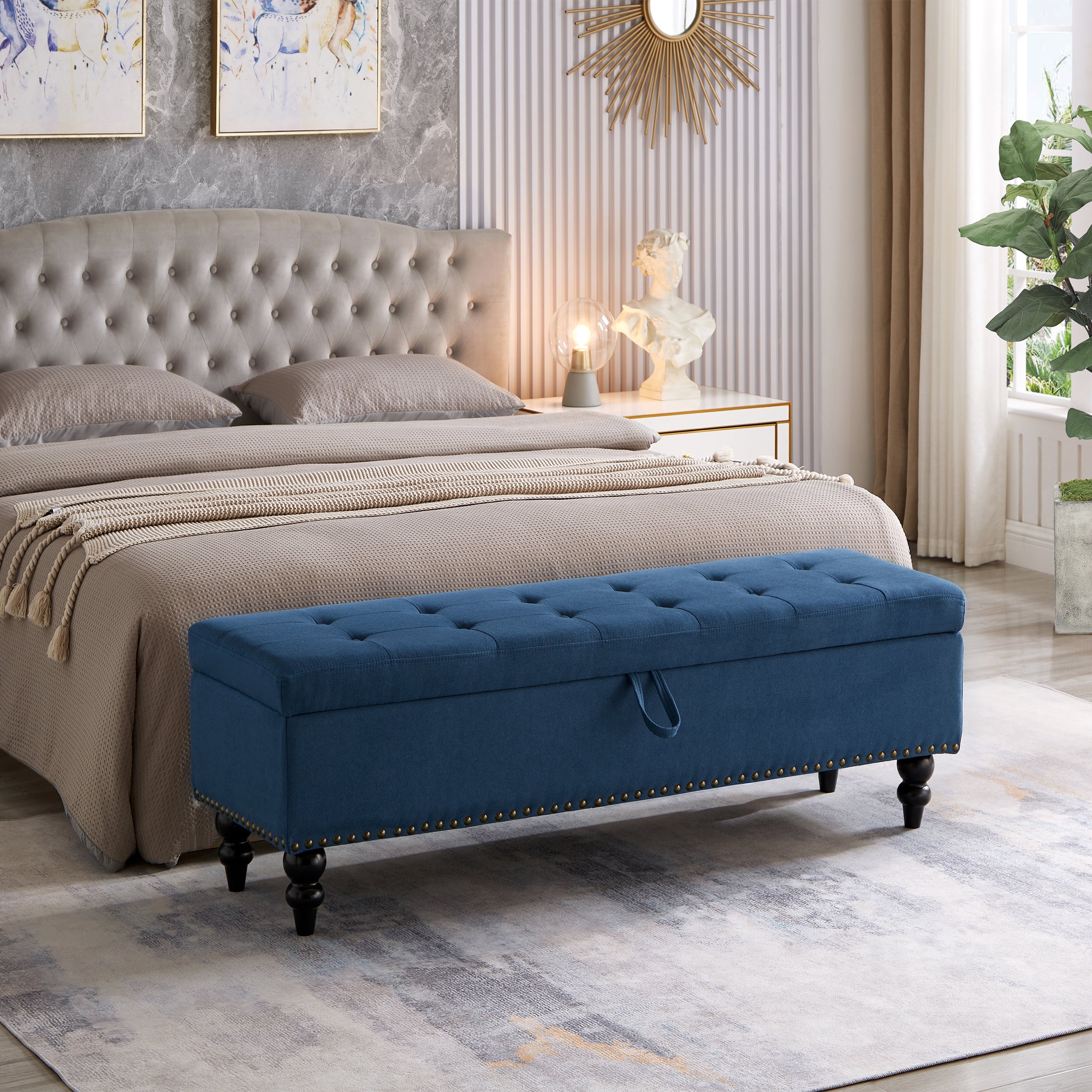 59" Blue Fabric Bed Bench with Storage - Bedroom Ottoman