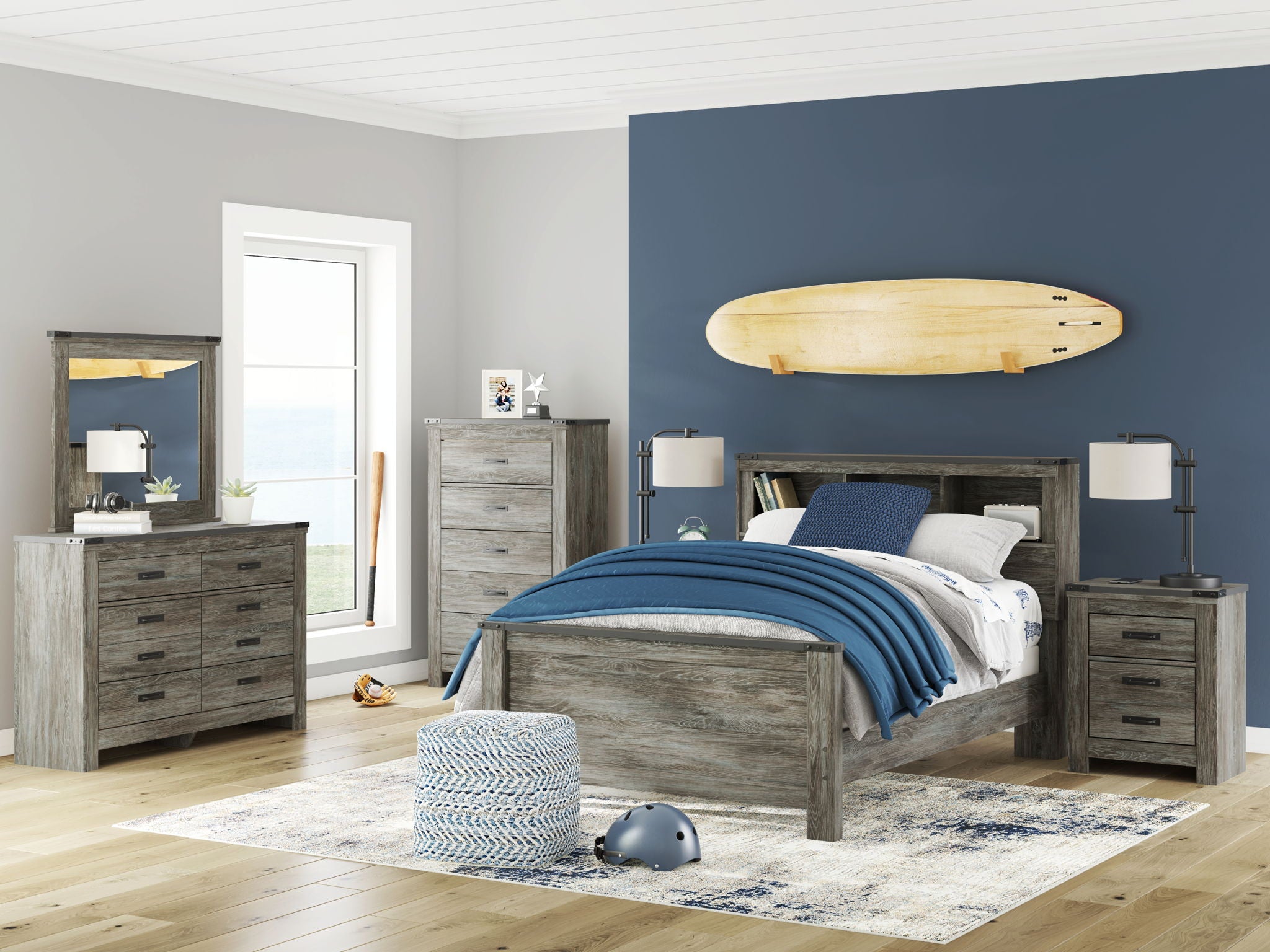 Gray woodgrain bedroom set with bed, dresser, mirror, and two nightstands