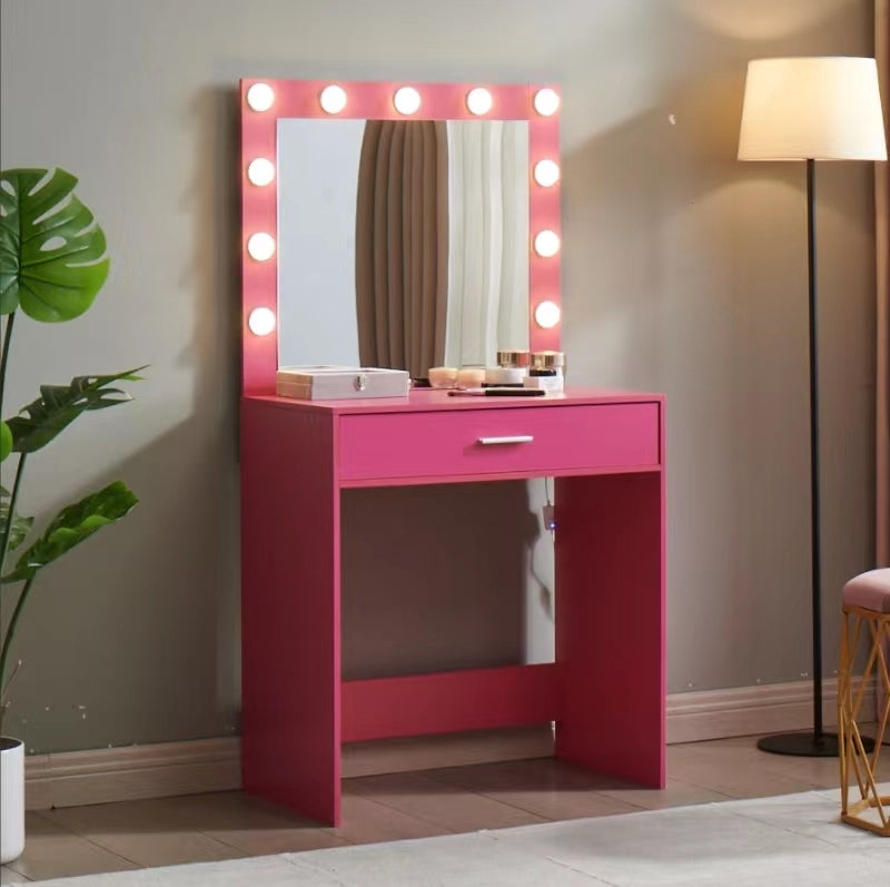 Pink Vanity Desk with Mirror & Lights - Adjustable Dressing Table Storage
