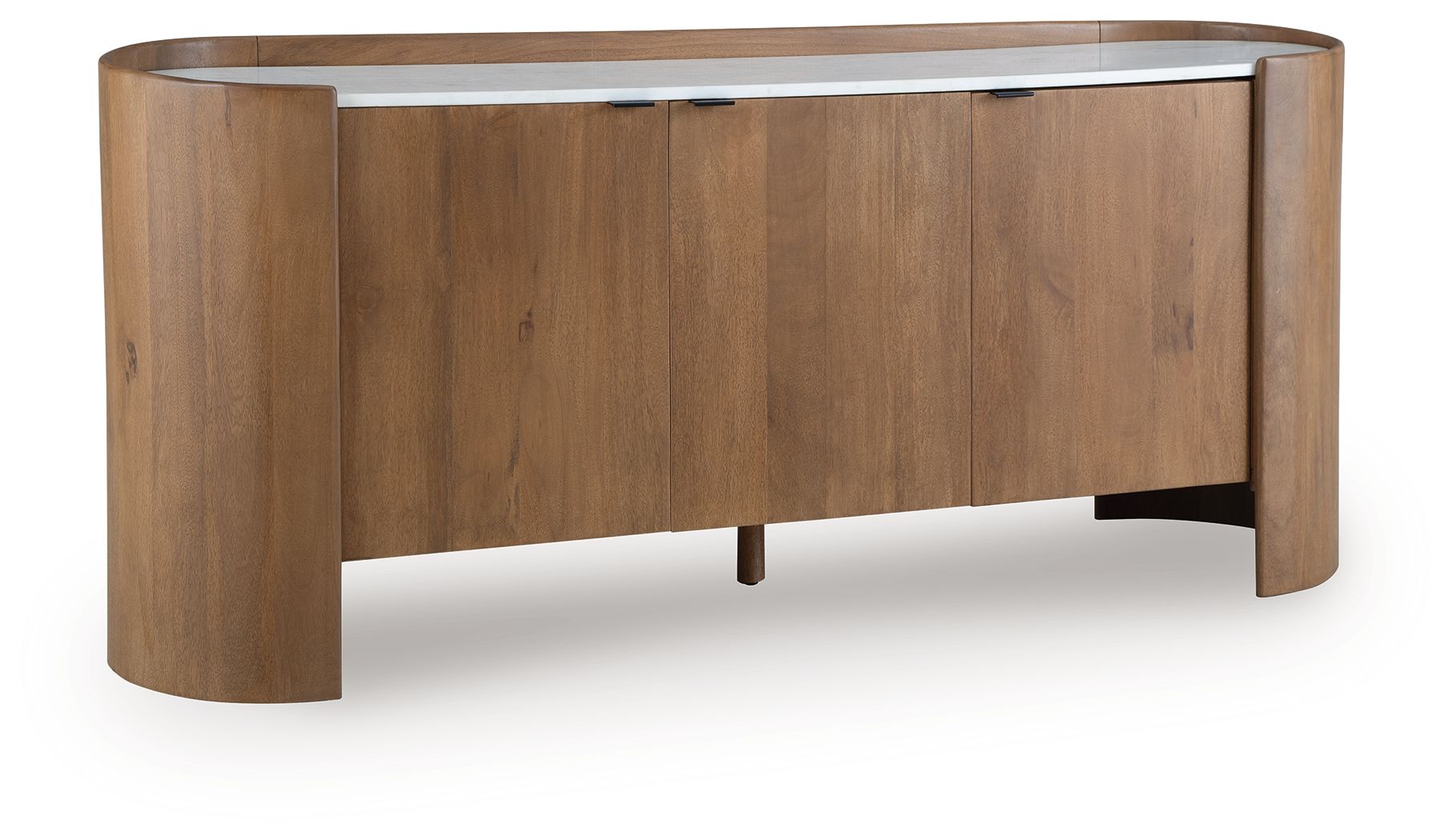 Brown wood accent cabinet with white top and central doors, tapered legs