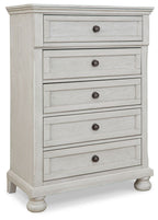 Youth antique white five-drawer chest with metal knobs and panelled drawer fronts
