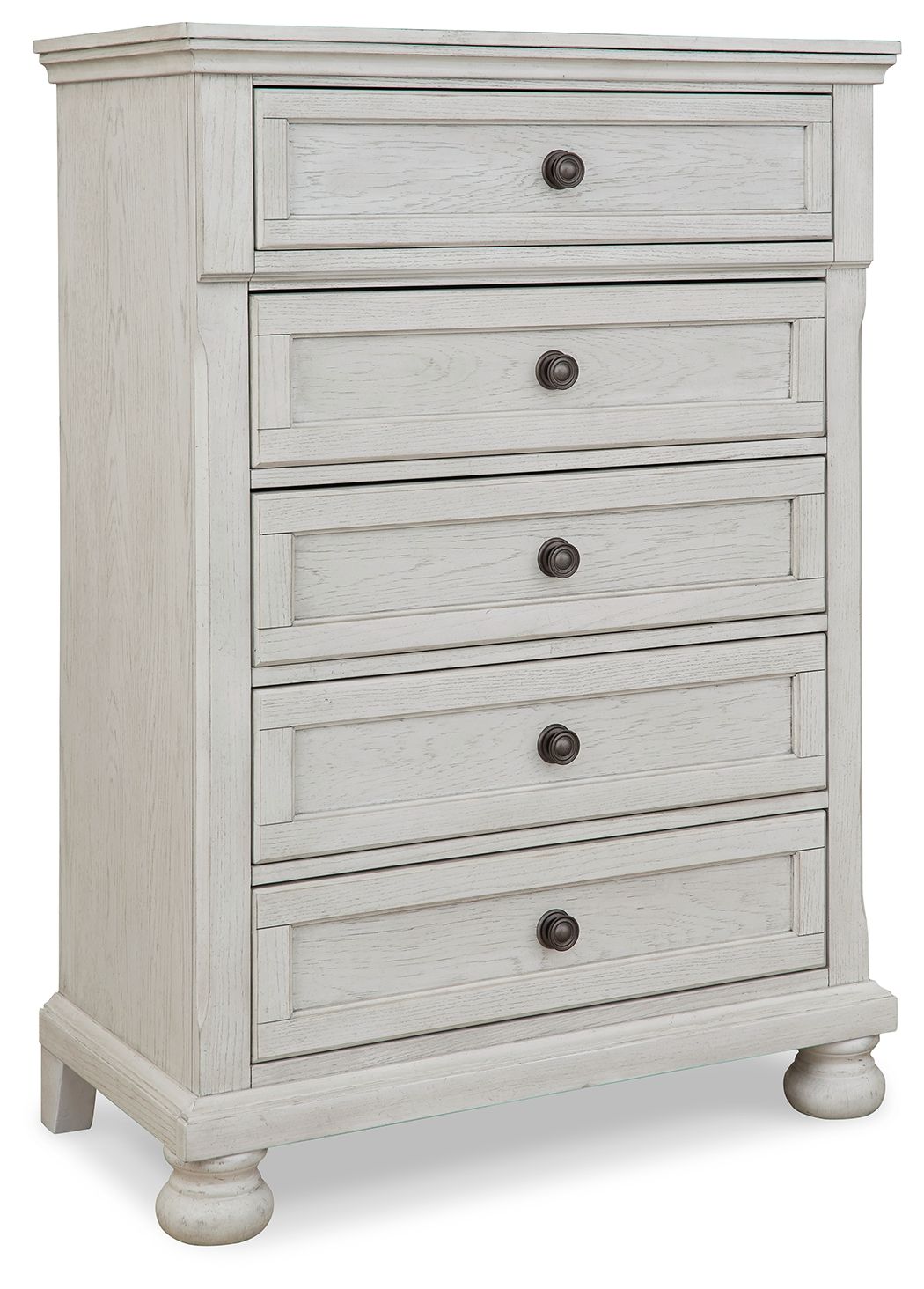 Youth antique white five-drawer chest with metal knobs and panelled drawer fronts
