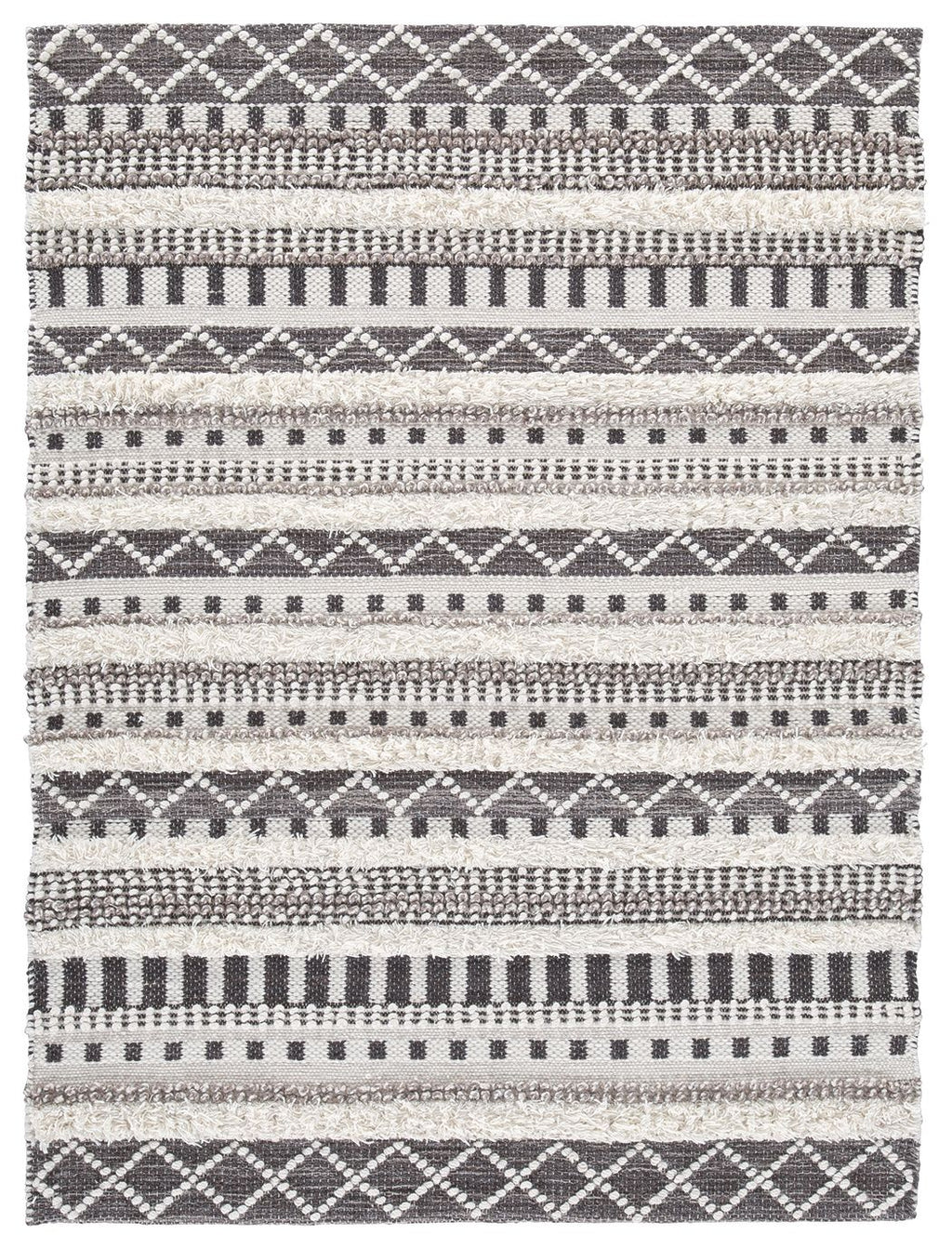 Geometric rug with pearl silver and dark gray bands and cross-diamond pattern