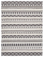 Geometric rug with pearl silver and dark gray bands and cross-diamond pattern