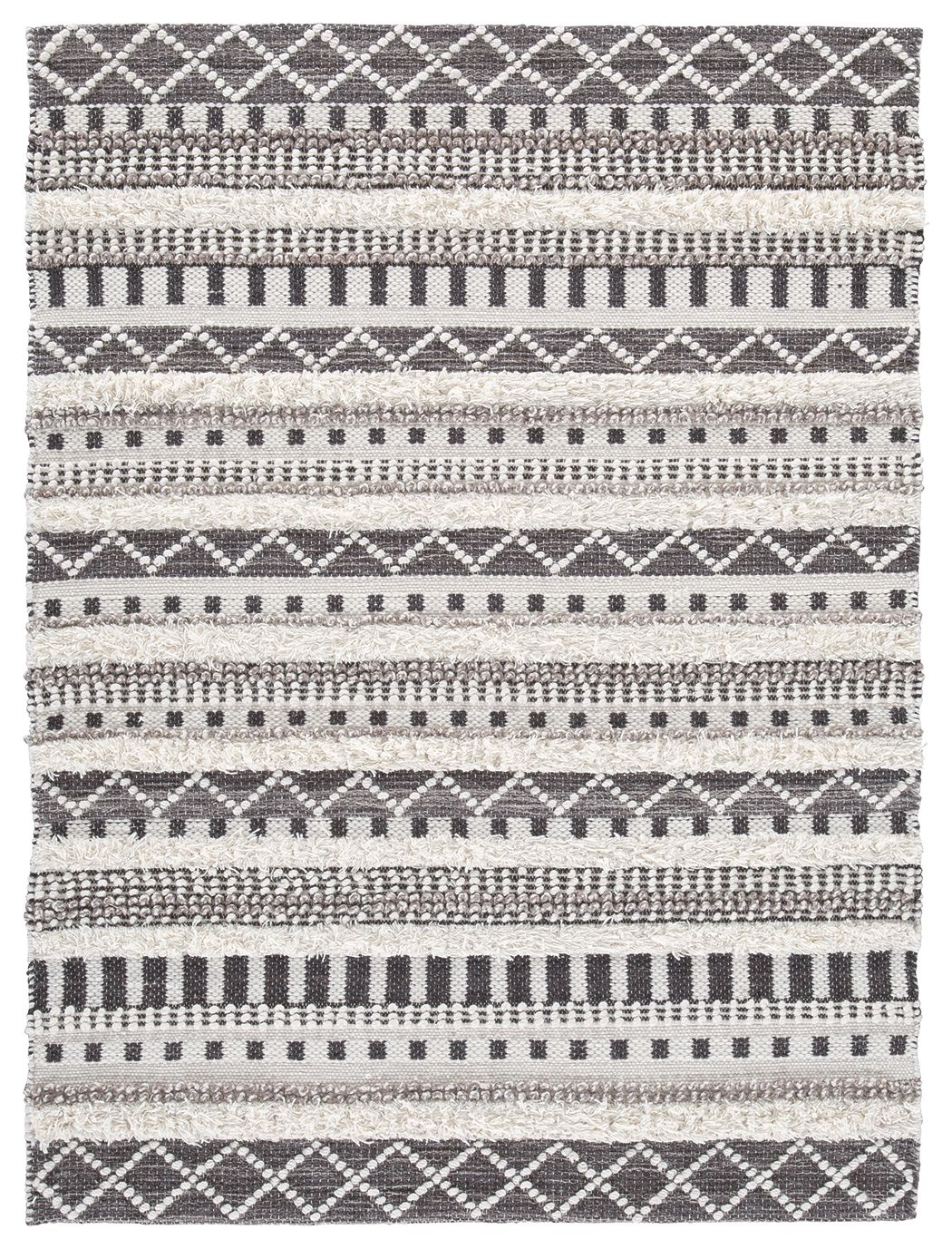 Geometric rug with pearl silver and dark gray bands and cross-diamond pattern