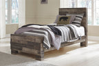 Youth panel bedroom set bed with dark wood rails and striped bedding