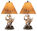 Derek table lamp set of 2 with amber shade, pine print, and antler base