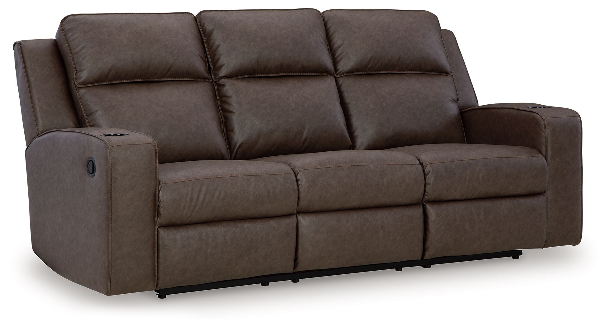Reclining sofa with drop-down table, dark brown upholstery, low-profile arm design