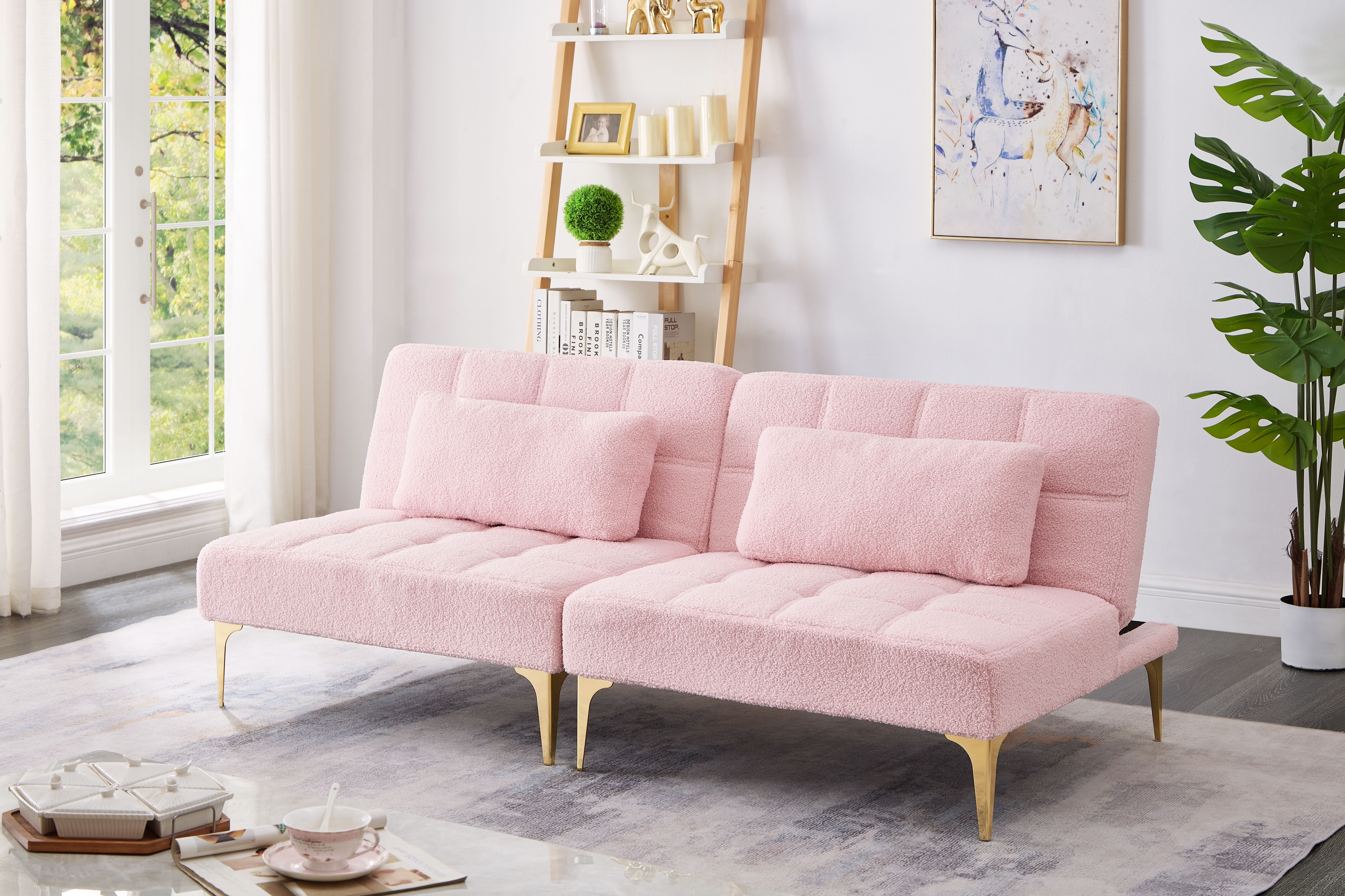 71" Convertible Sofa Bed Futon With Gold Metal Legs Teddy Fabric (Pink)