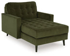 Olive upholstered chaise lounge with tufted back and padded seat, dark legs