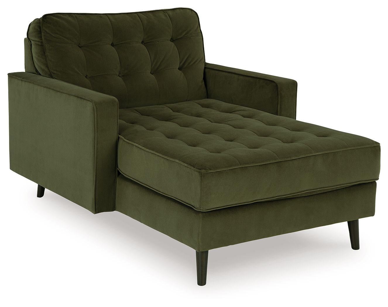 Olive upholstered chaise lounge with tufted back and padded seat, dark legs