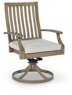 Swivel patio chair with light gray cushion, brown slatted back and curved armrest