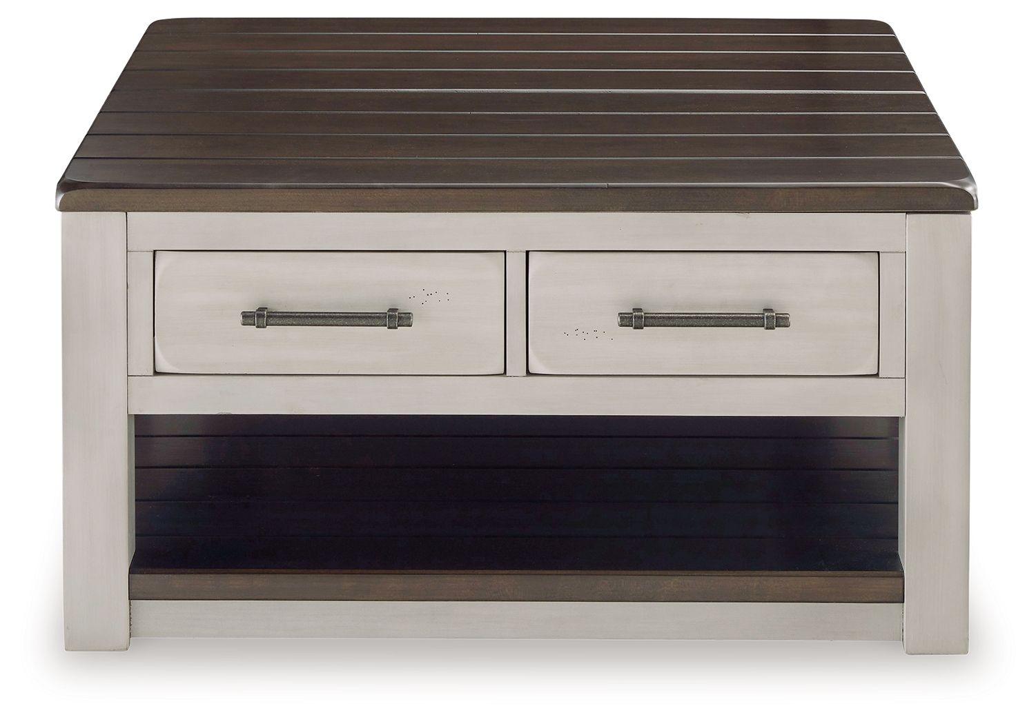 Lift-top cocktail table with dark slatted tabletop, two drawers with metal pulls