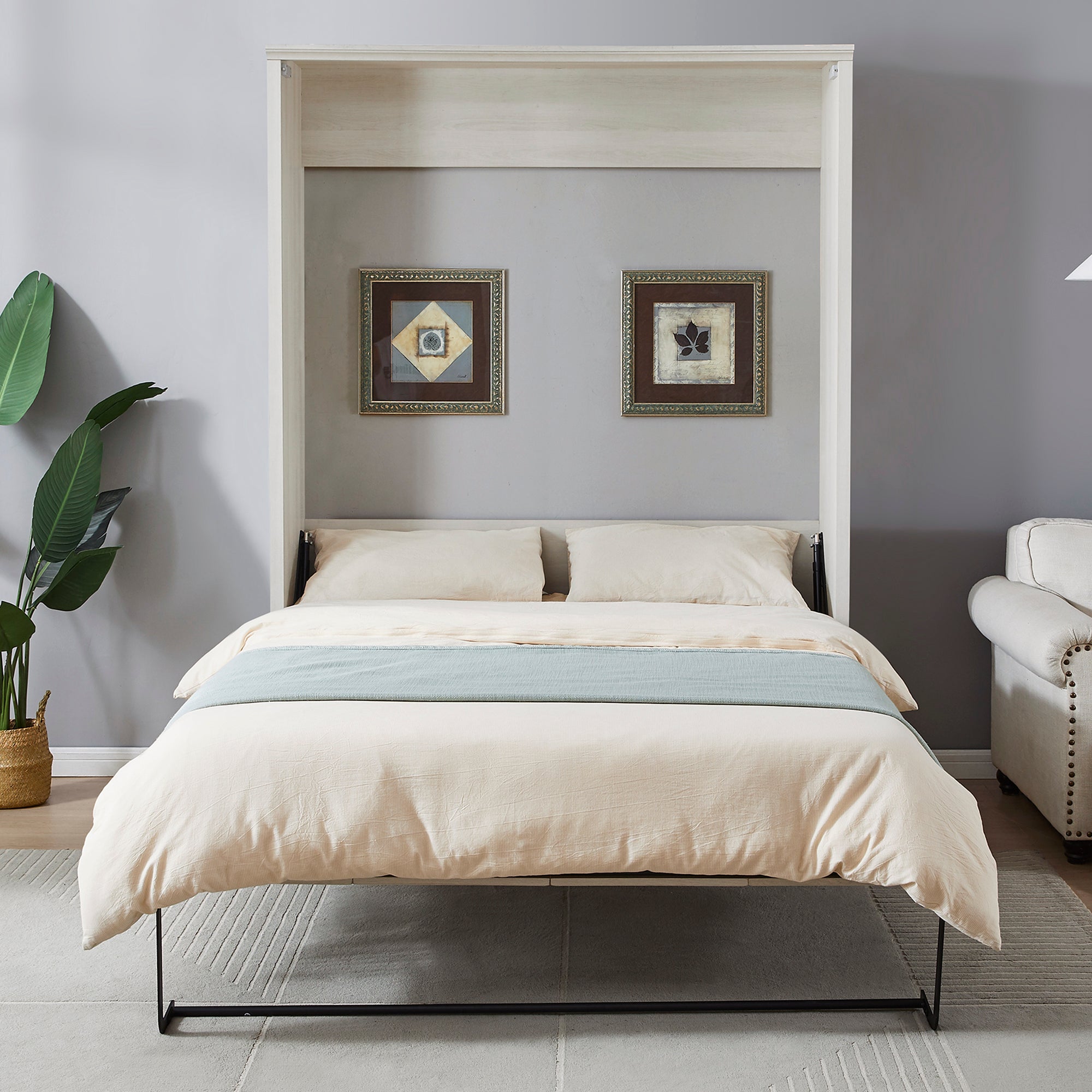 Queen Size Rustic White Space-Saving Murphy Bed Cabinet
