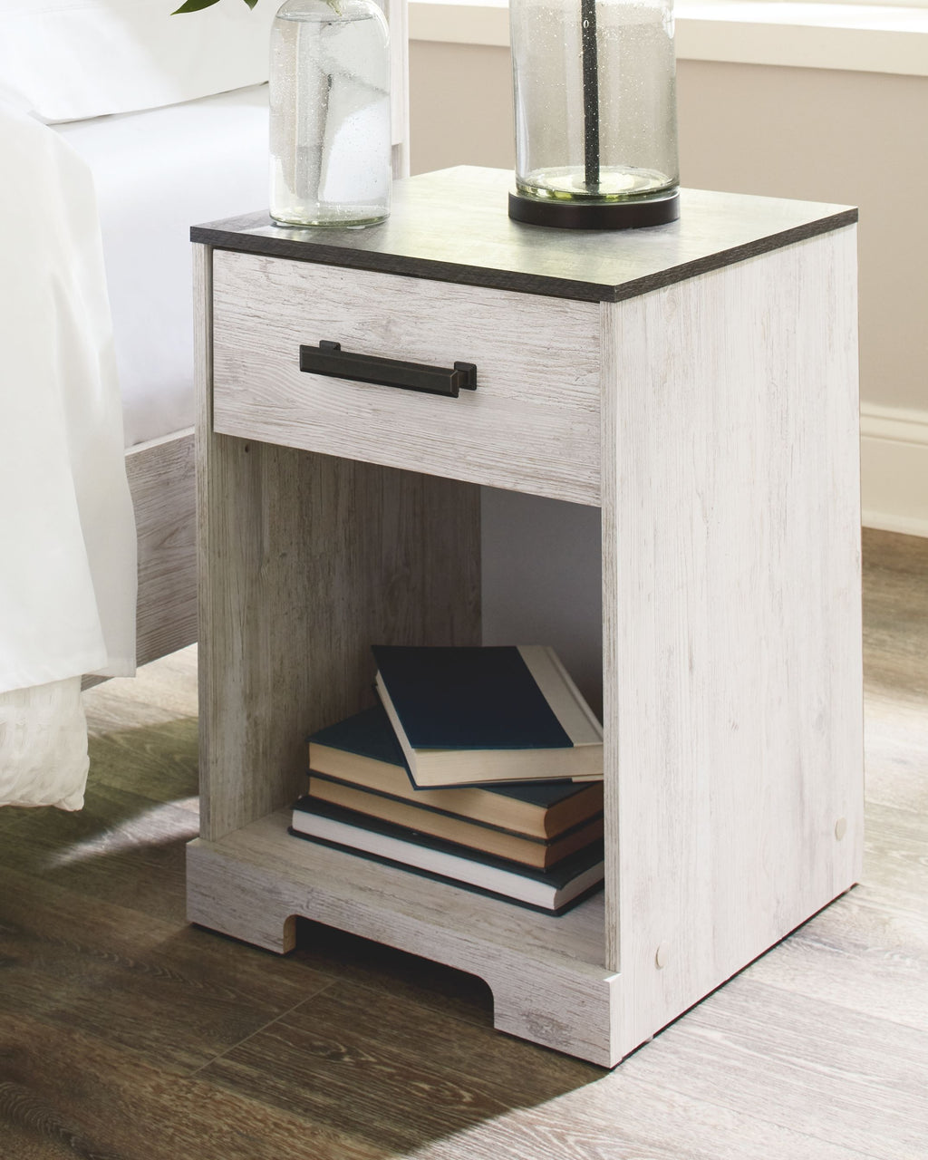Whitewash one-drawer night stand with charcoal top and open shelf for books