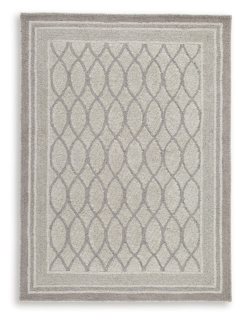 Gray rug with trellis diamond pattern within square border