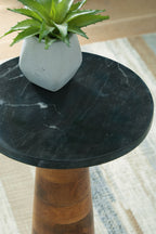 Round black stone-look accent table top with tapered brown wood pedestal base