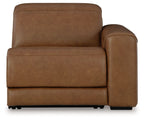 Caramel power recliner with right-side ottoman extension and cushioned back