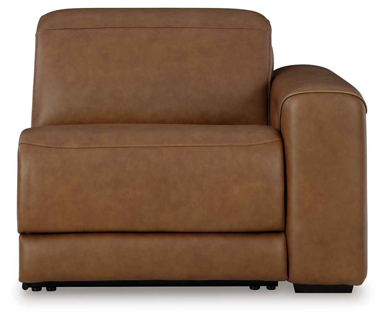 Caramel power recliner with right-side ottoman extension and cushioned back