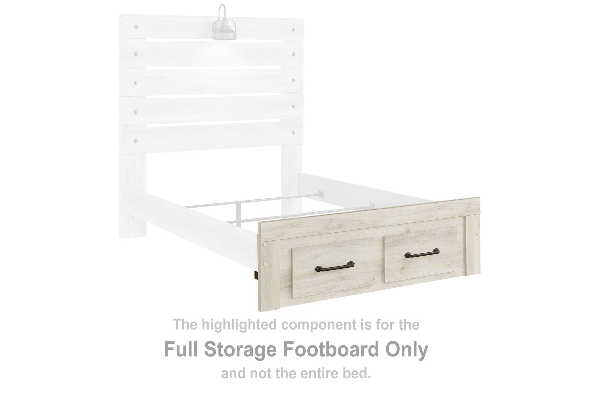 Whitewash storage footboard with two drawers and black handles
