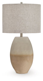 Cream beige metal table lamp with linen drum shade and speckled ceramic base