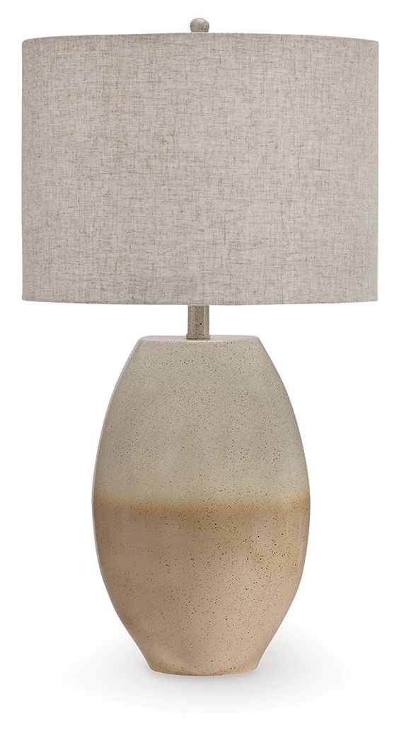 Cream beige metal table lamp with linen drum shade and speckled ceramic base