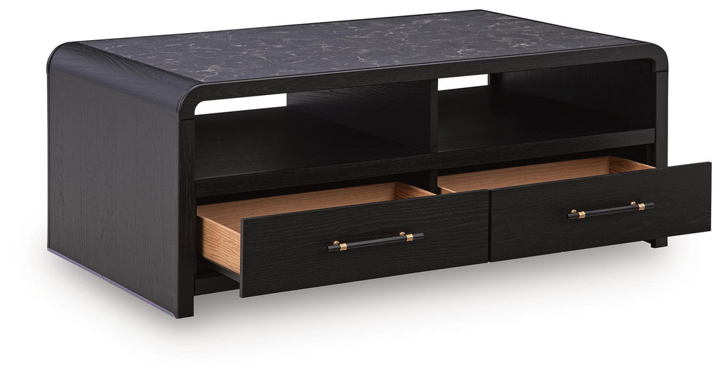 Black rectangular table with two drawers and an open top storage area, front view.