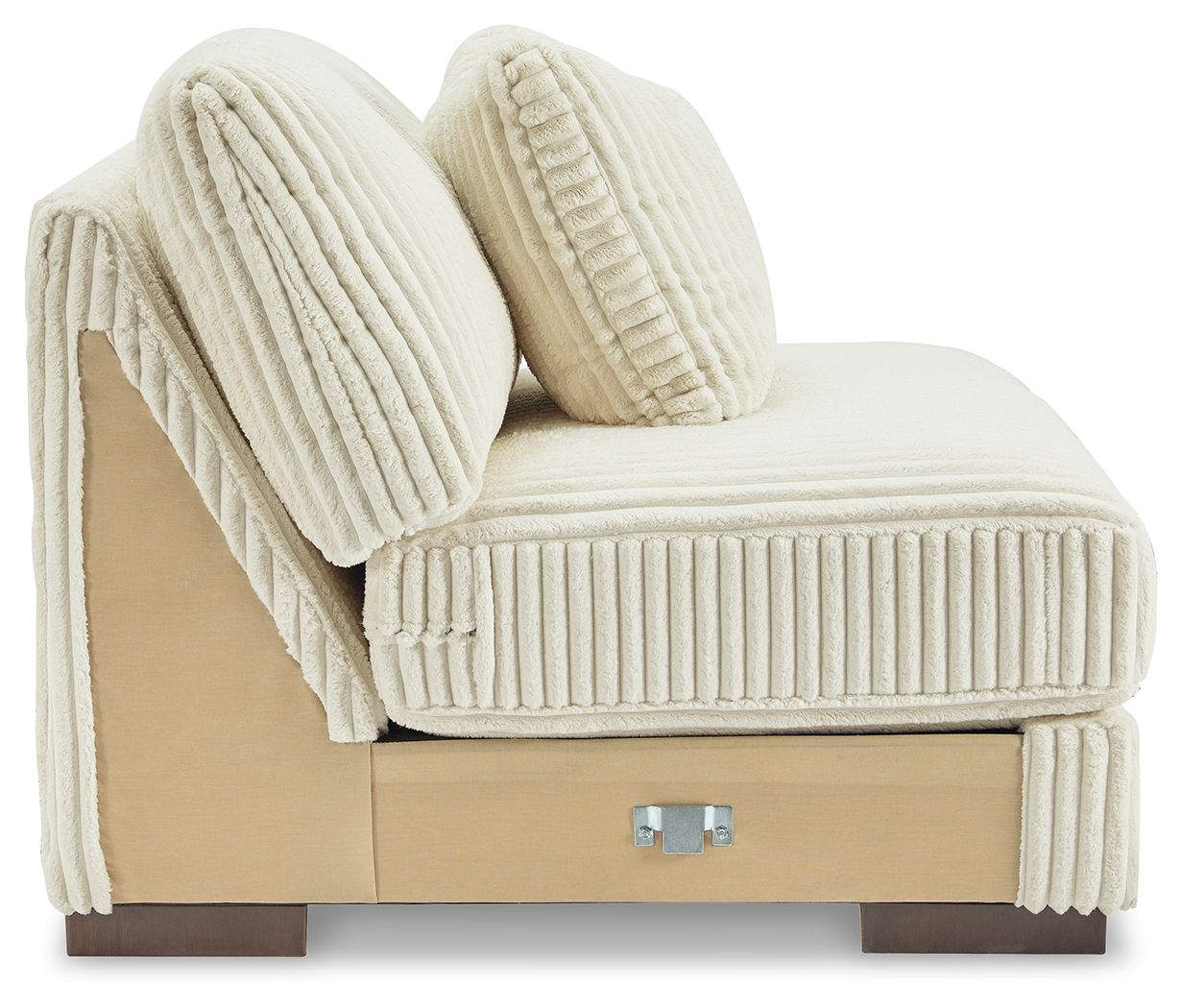Ivory armless chair side view with ribbed cushions and two pillows