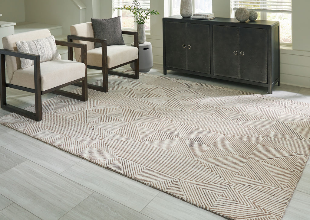 Beige geometric rug with lattice chevron pattern and textured border