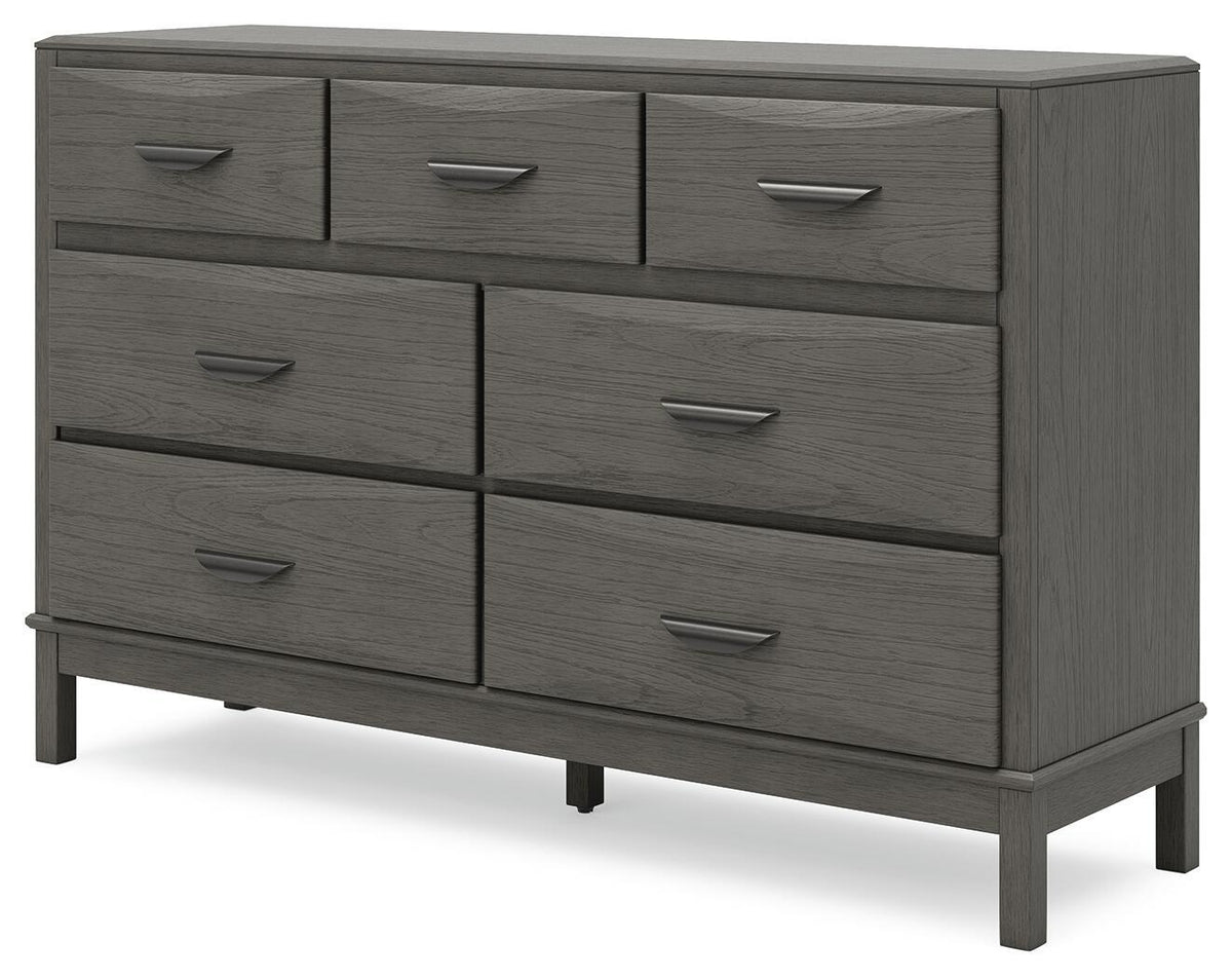 Gray wooden dresser with six drawers and silver bar pulls on tapered legs