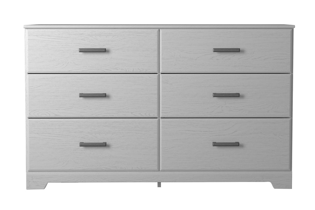 White six-drawer dresser front with six drawers and bar pulls