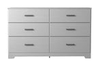 White six-drawer dresser front with six drawers and bar pulls