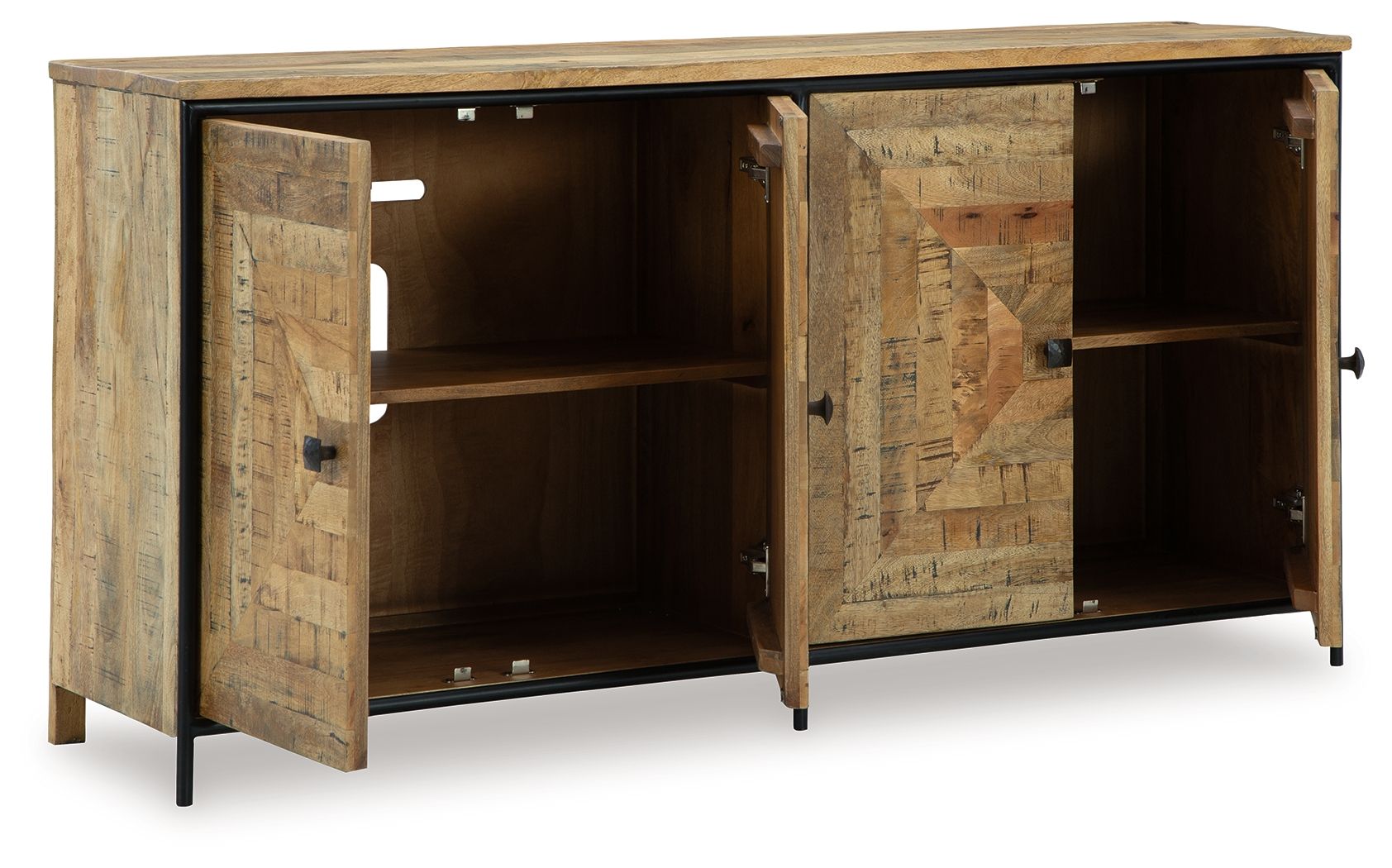 Brown accent cabinet with open double doors revealing interior shelves