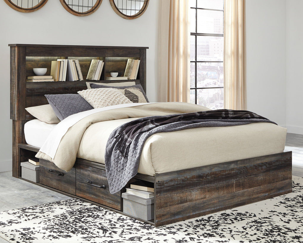 Panel bookcase bed with headboard shelves and storage drawers, dark wood finish