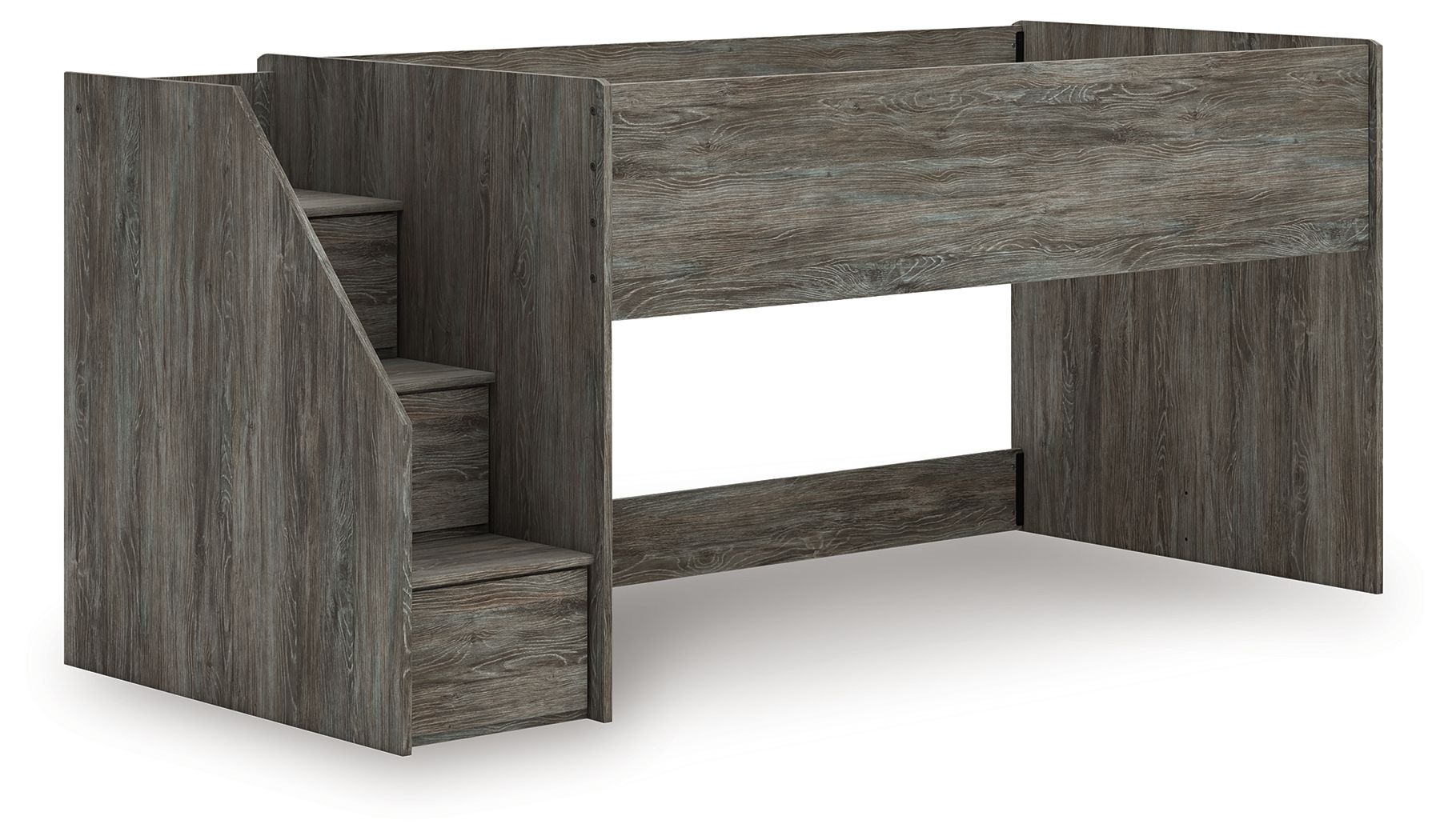 Gray loft bed with side steps and open under-bed space beneath the rail