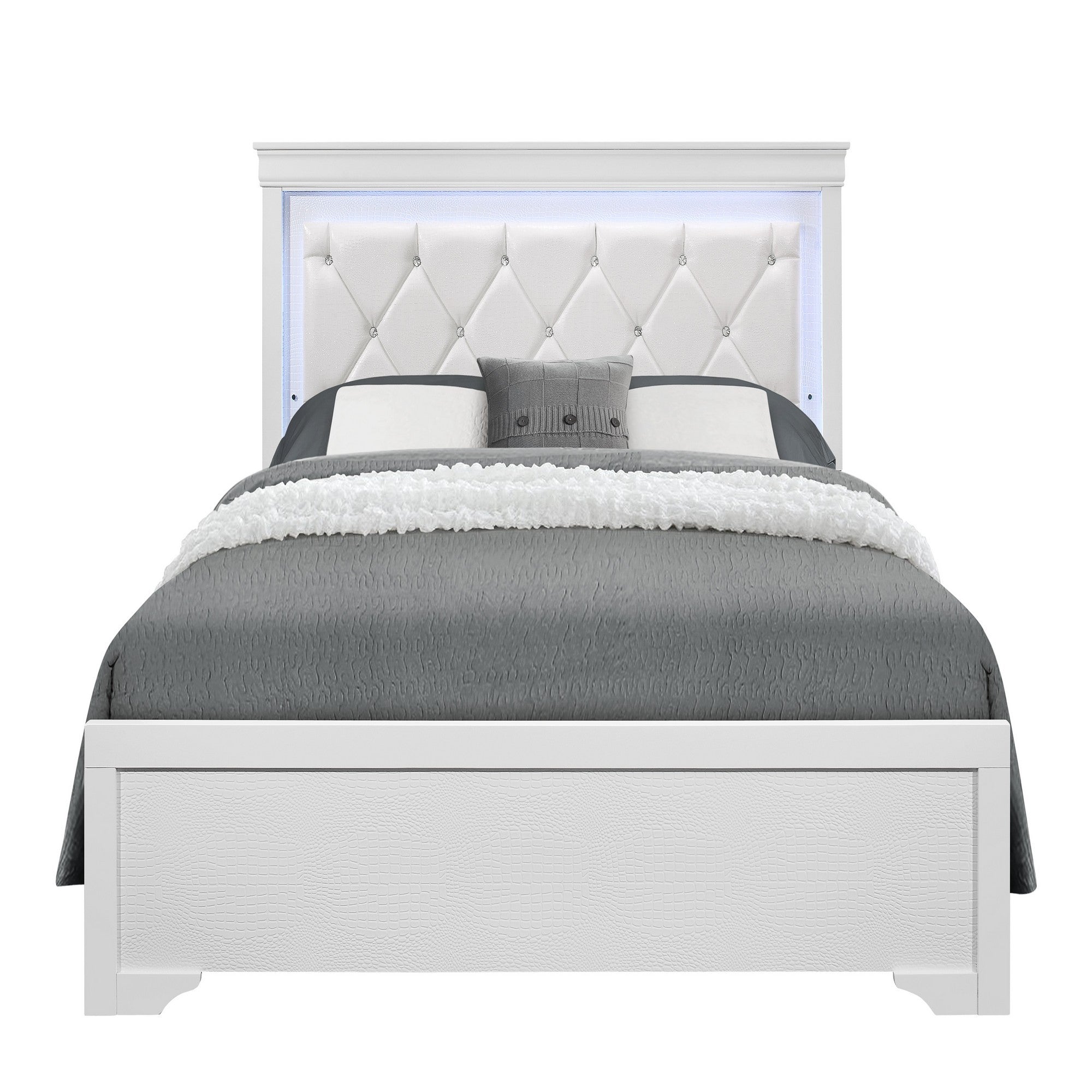 White Shaker Queen Bedroom Set | Crystal Tufted & LED Lights
