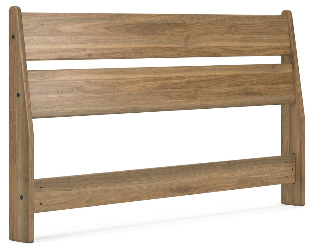 Queen panel headboard in honey-toned wood with three horizontal panels