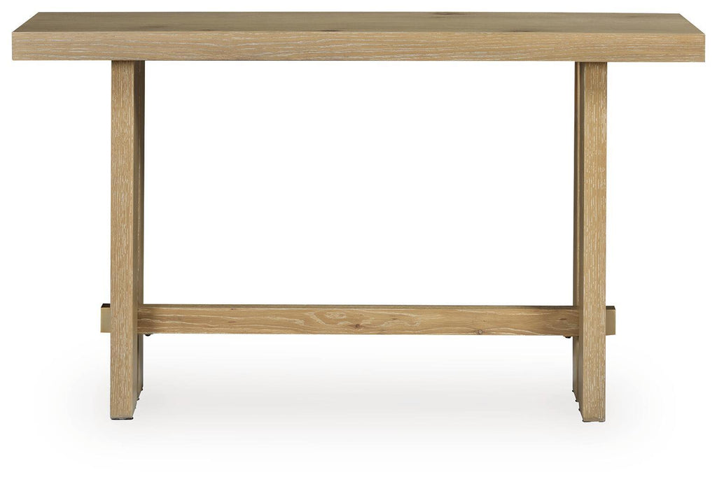 Light brown wood table with open lower shelf and rectangular frame legs