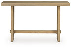 Light brown wood table with open lower shelf and rectangular frame legs
