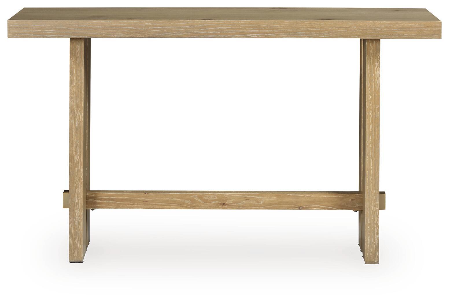 Light brown wood table with open lower shelf and rectangular frame legs