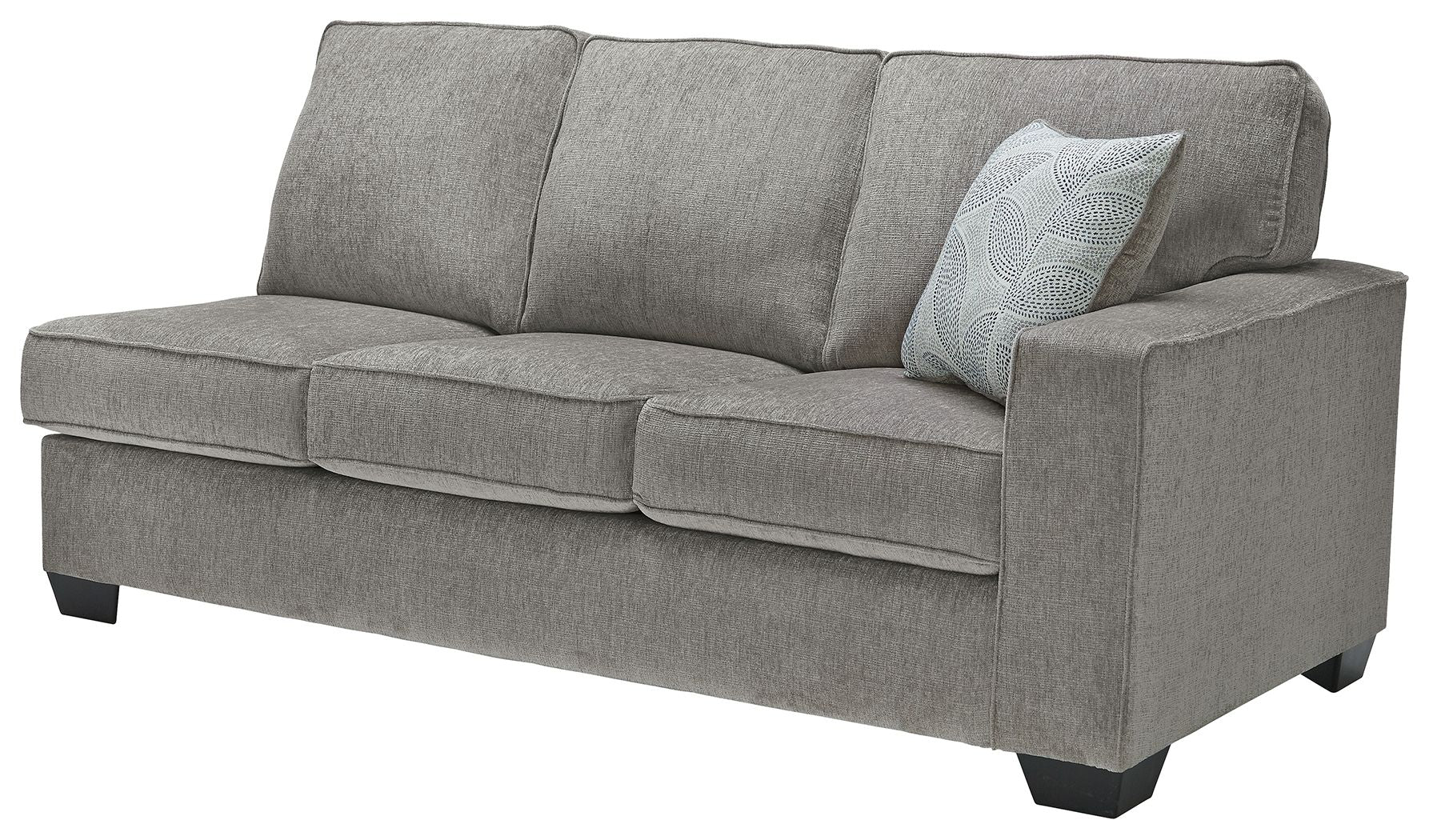 Alloy gray upholstered sofa with three seat cushions and square armrests
