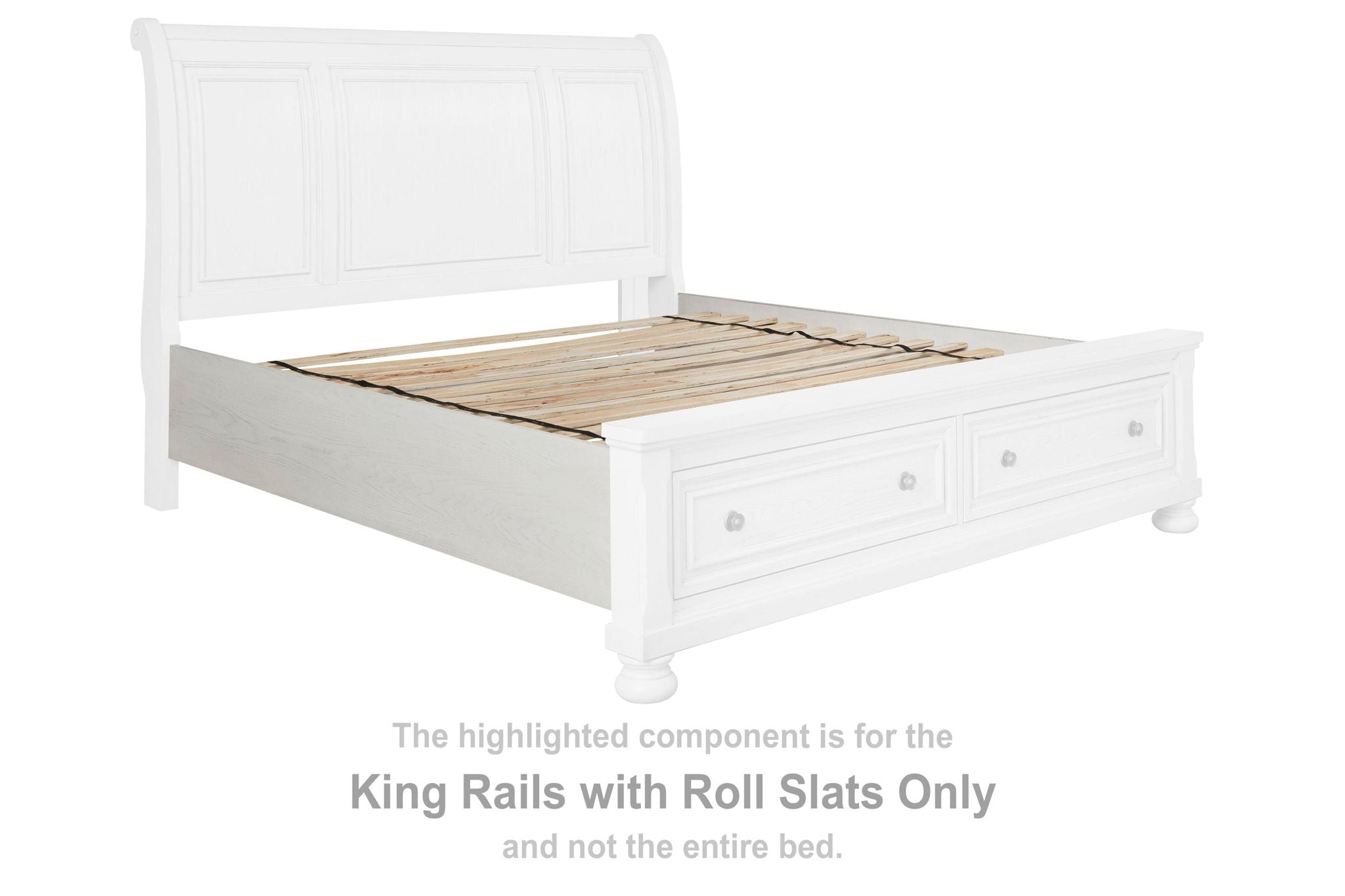 Antique white king bed frame with roll slats, panel headboard and drawer details